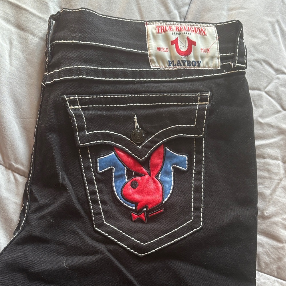 True Religion Black Relaxed Jeans with Red and Blue Logo